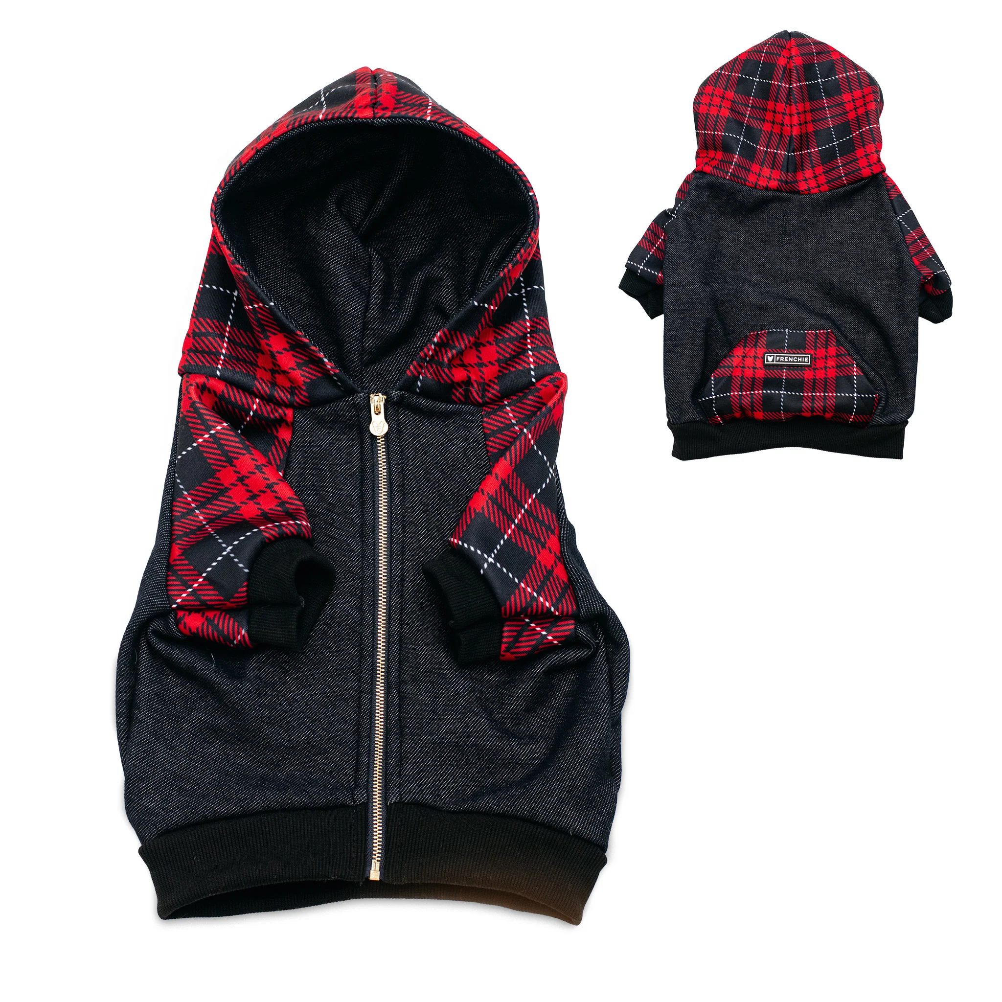Frenchie Dog Hoodie Red Tartan Zip-Up with Harness Slit