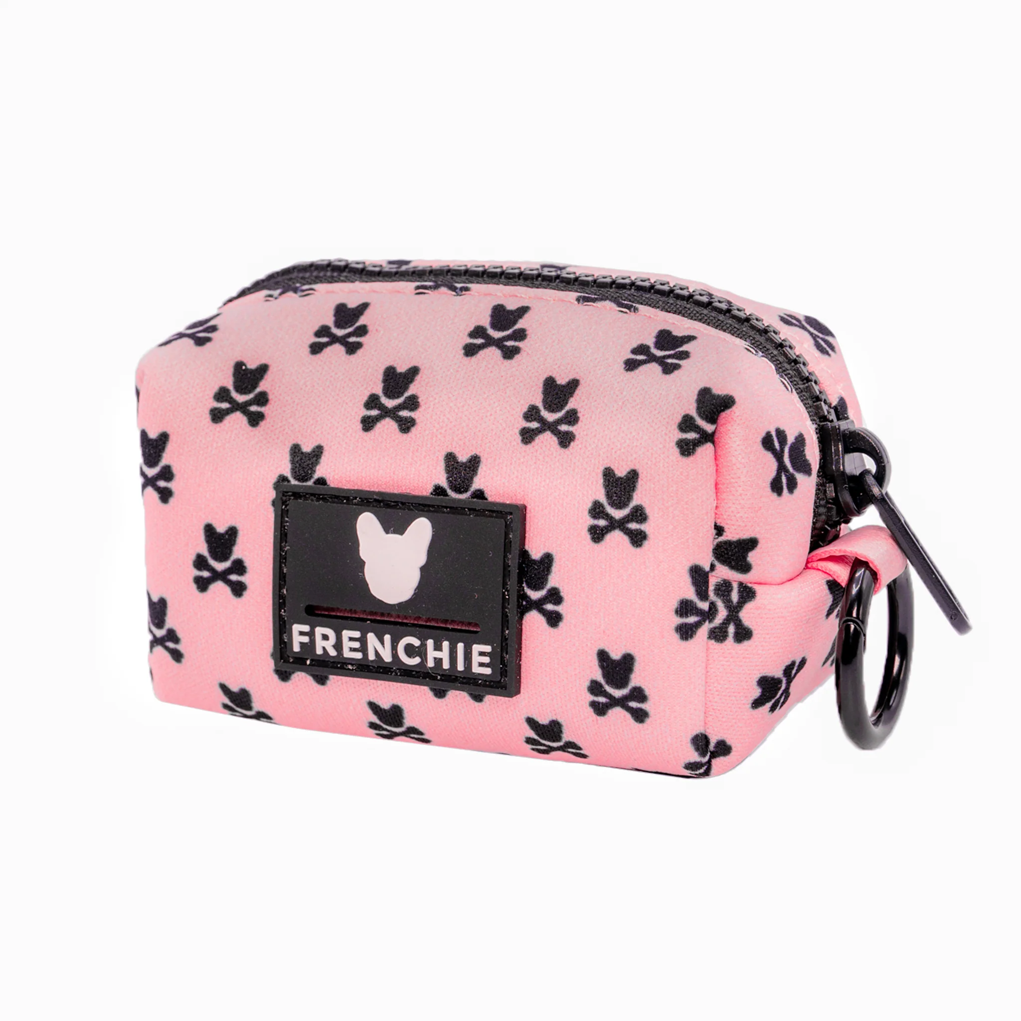Frenchie Poo Bag Holder in Pink Bad to the Bone with Leash Clip