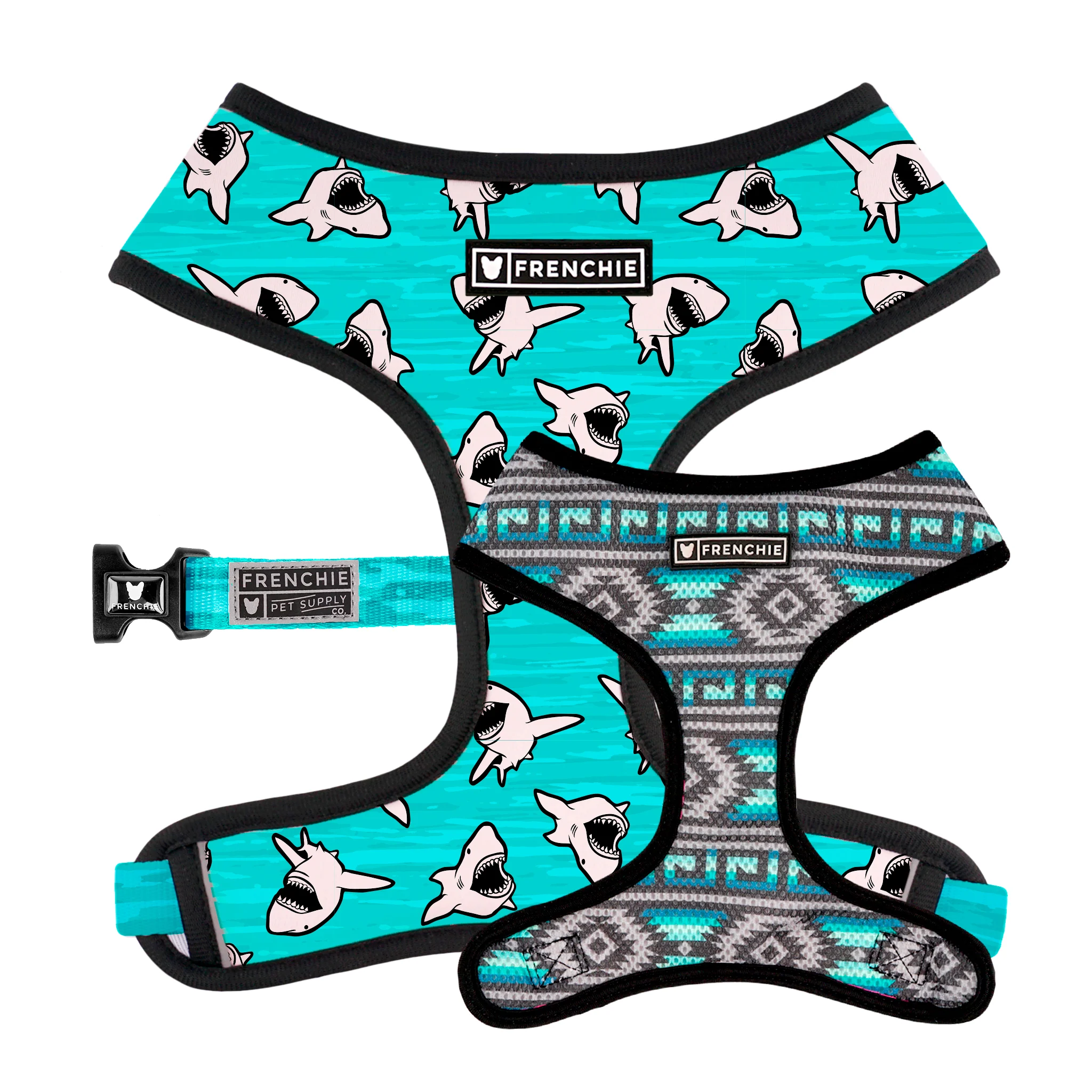 Frenchie Duo Reversible Harness in Jaws Print for Small to Medium Pups