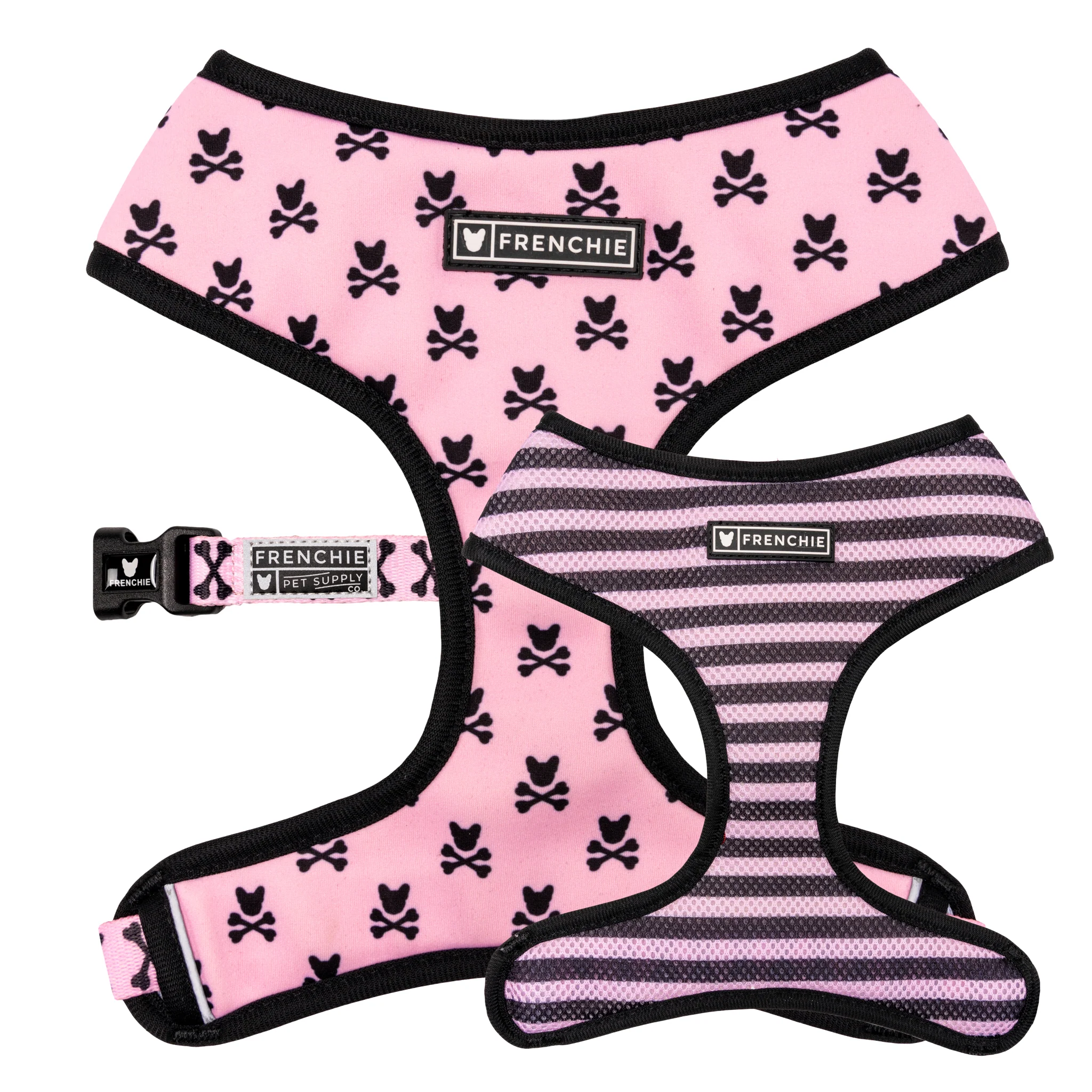 Frenchie Duo Reversible Harness Pink Bad to the Bone for Small to Medium Dogs