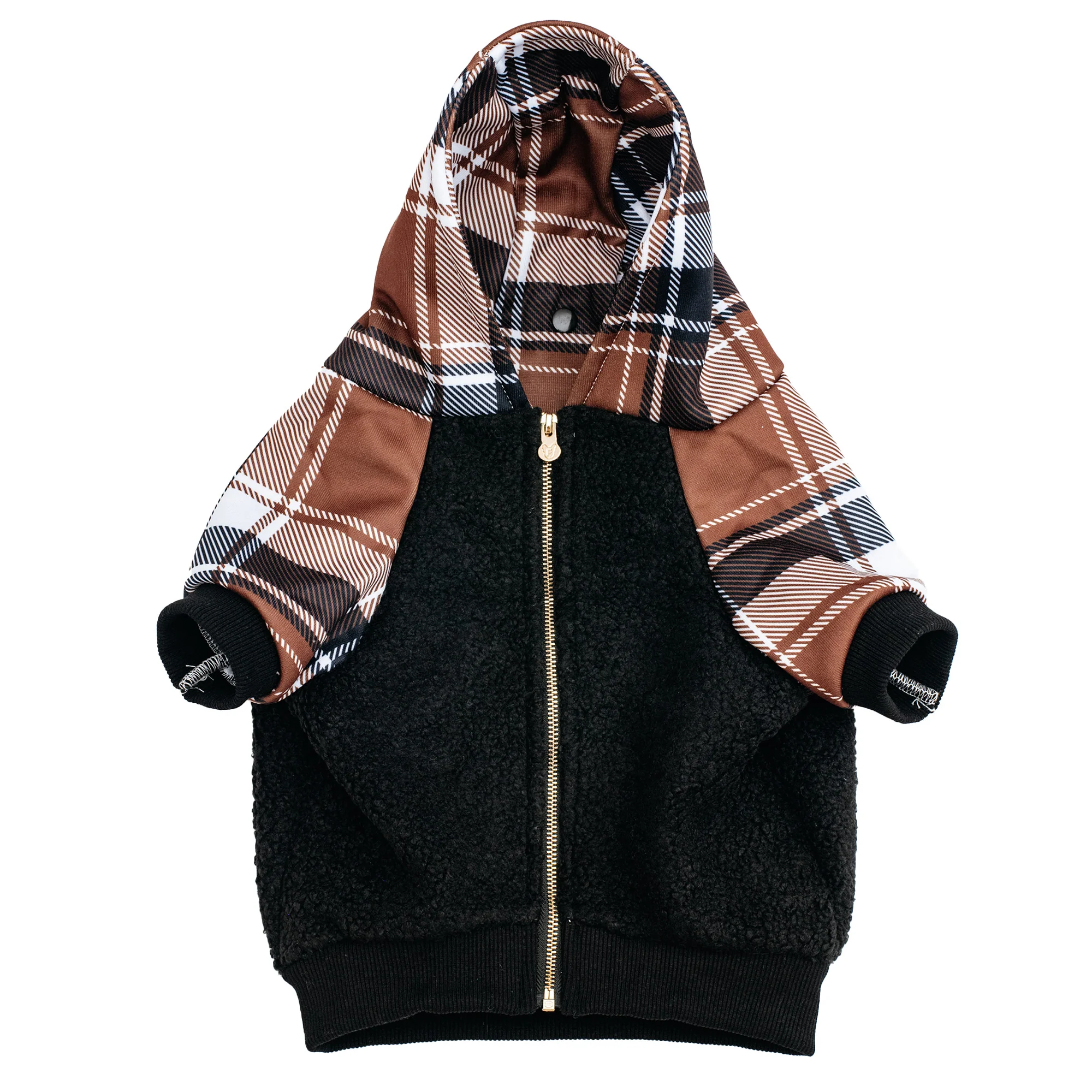 Hoodie Anjing Frenchie Cocoa Plaid Zip-Up untuk Frenchies dan Ras Kecil