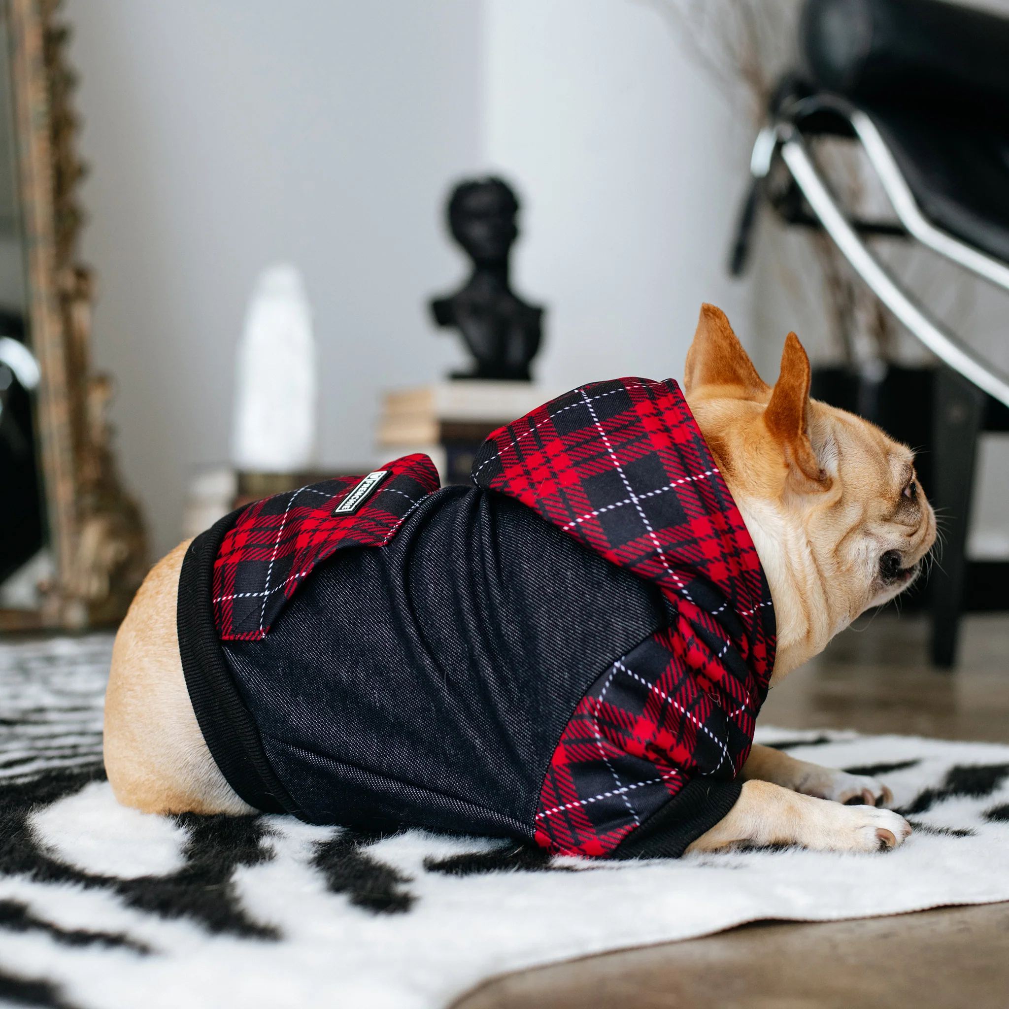 Frenchie hundehættetrøje Red Tartan lynlås med seleåbning