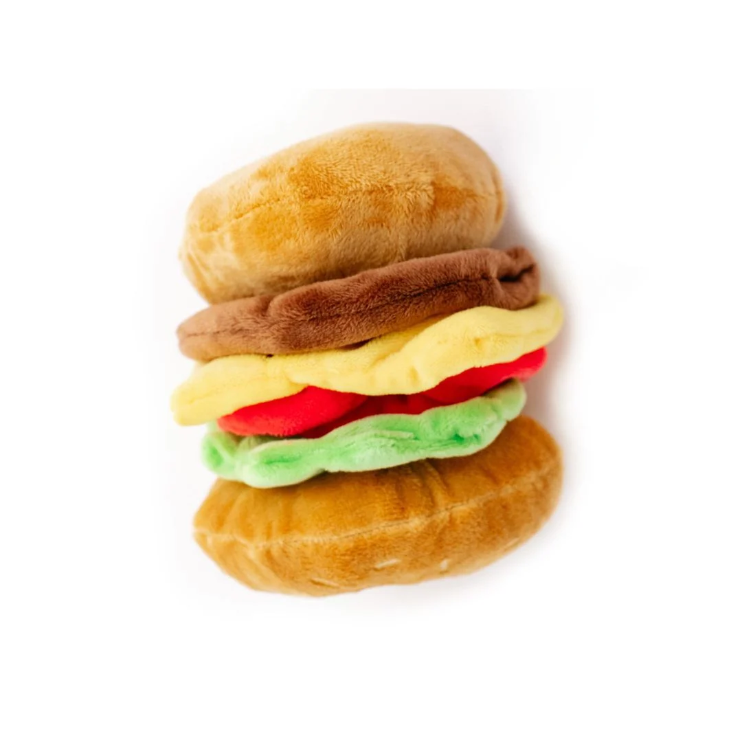 Frenchie Plush Toy Burger with Internal Squeaker for Fetch