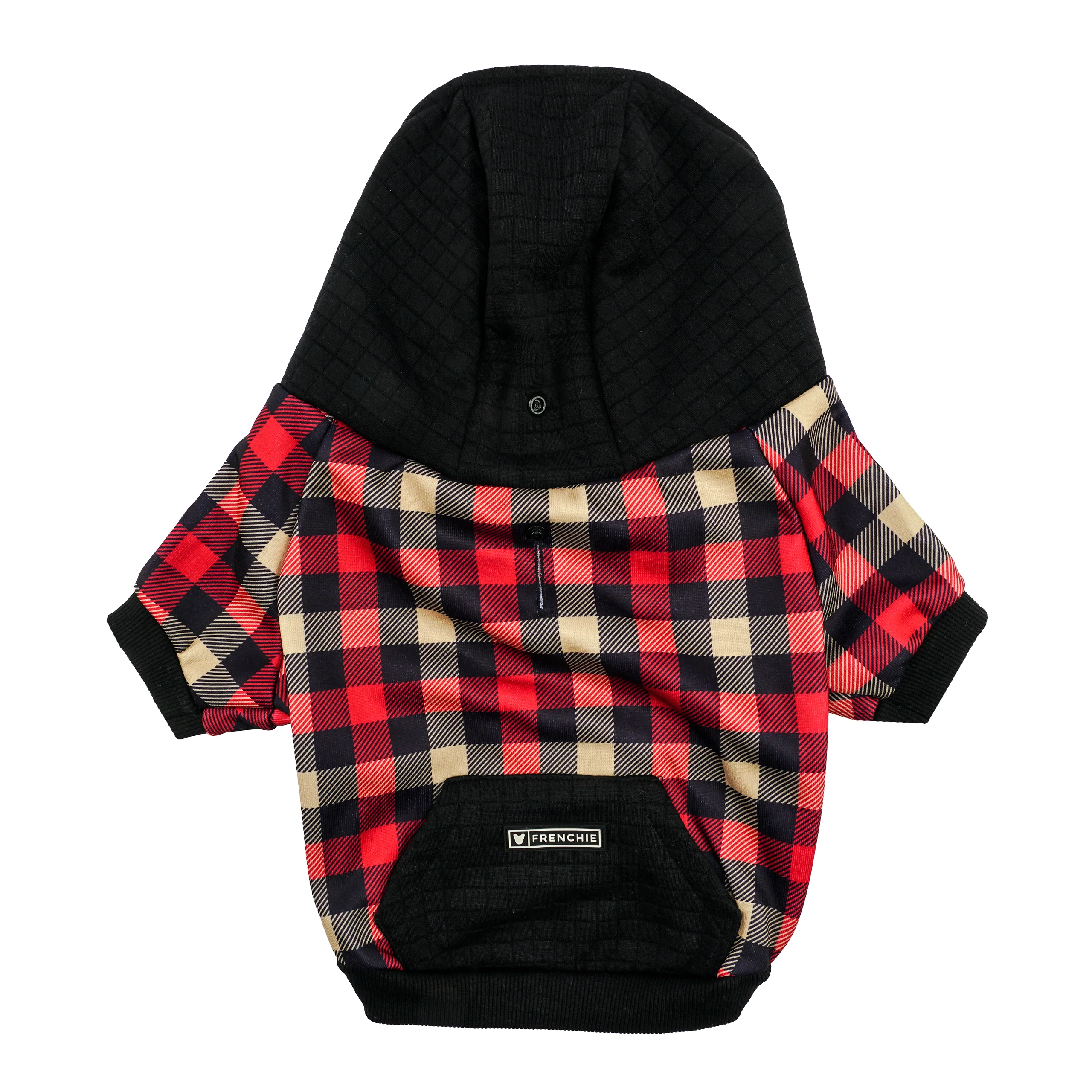 Cabin Plaid Frenchie Dog Hoodie Varsity Cut for Small and Medium Dogs