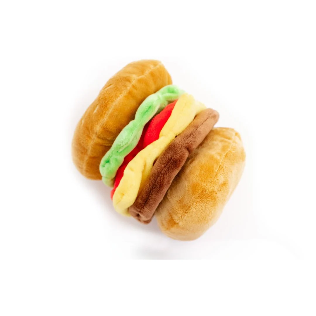 Frenchie Plush Toy Burger with Internal Squeaker for Fetch