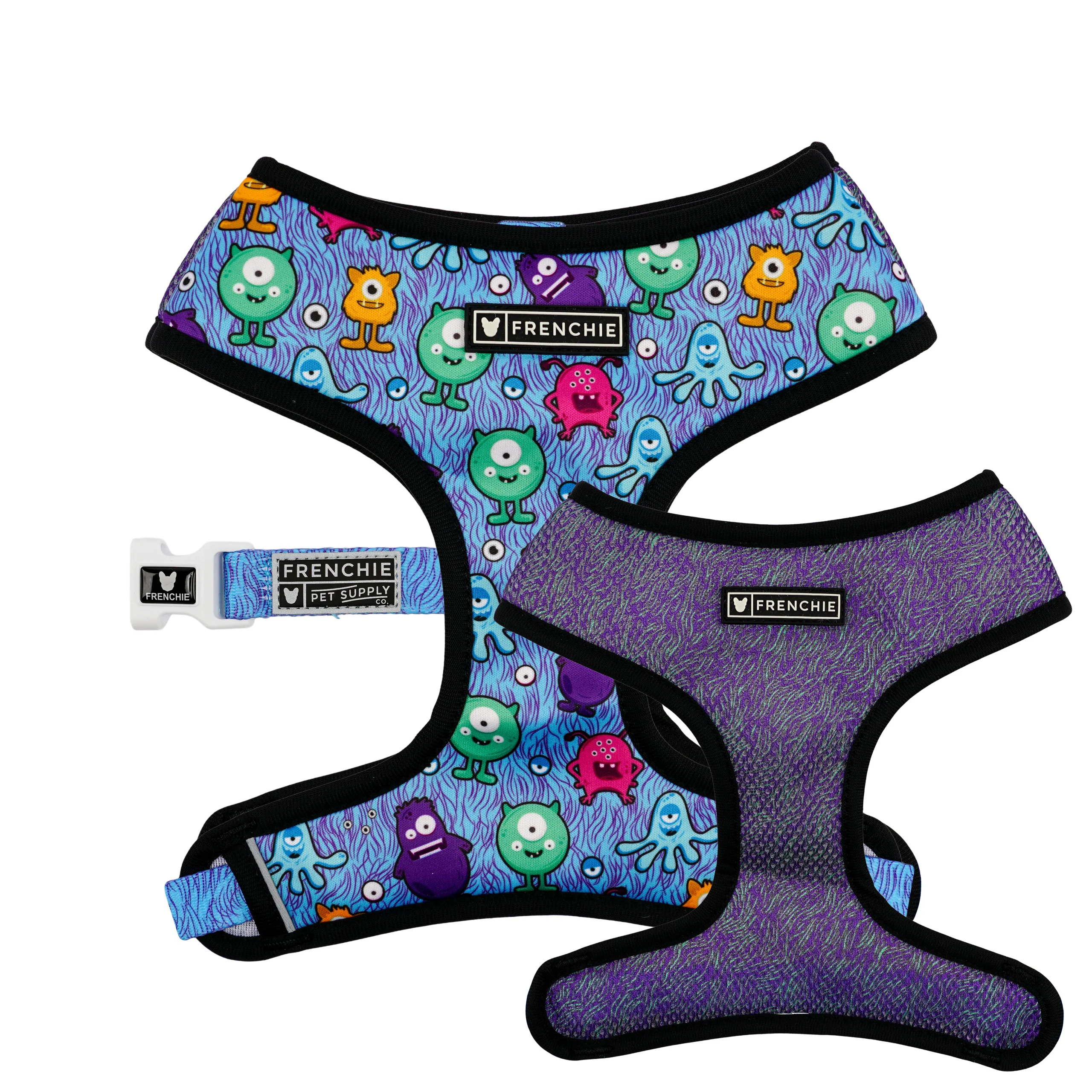 Frenchie Duo Reversible Harness in Little Monsters Print for Small to Medium Pups