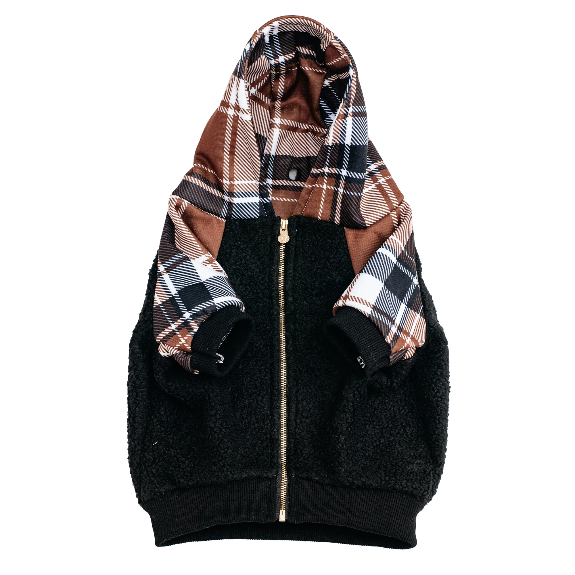 Hoodie Anjing Frenchie Cocoa Plaid Zip-Up untuk Frenchies dan Ras Kecil