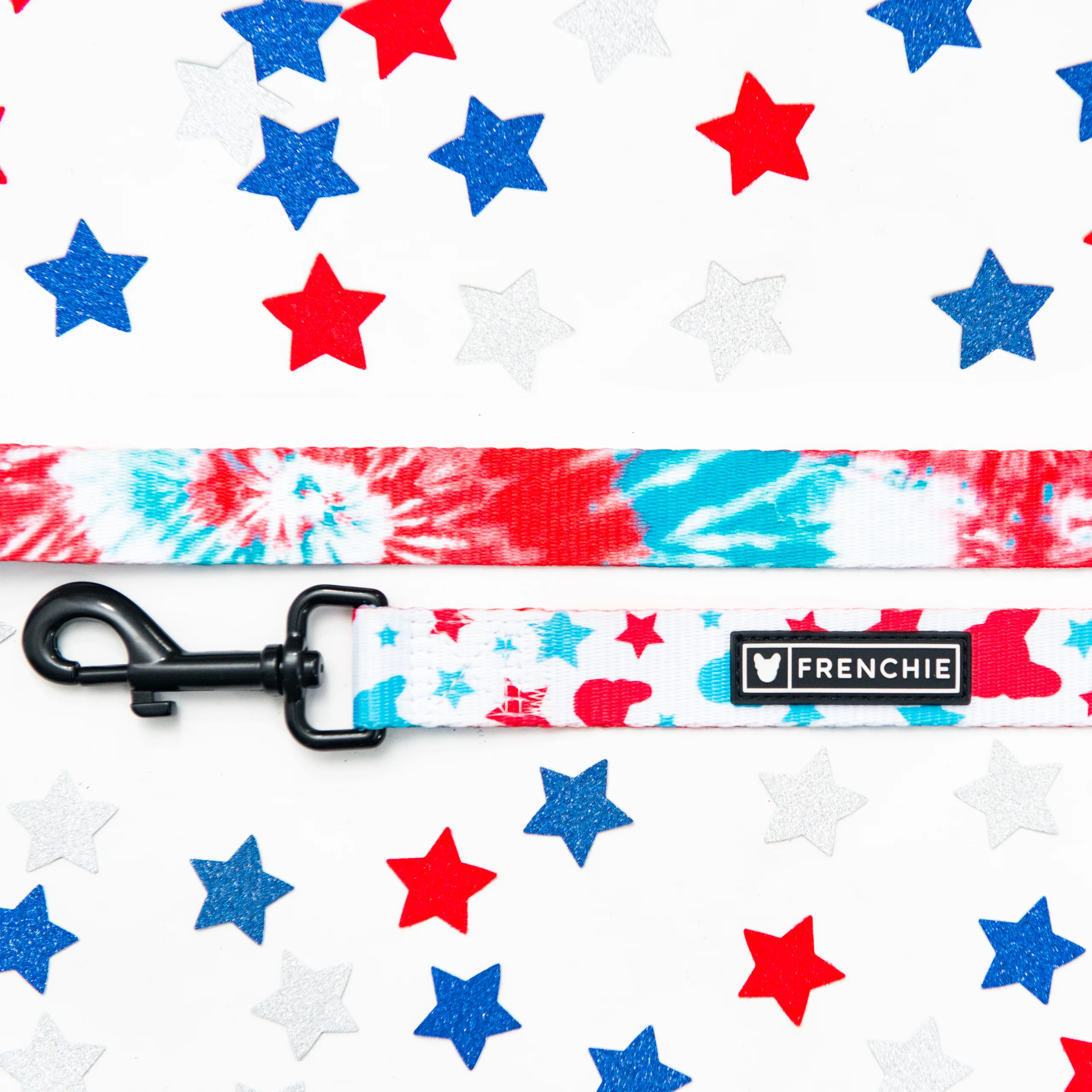 Frenchie Comfort Leash Red White and Blue Tie Dye with Neoprene Handle