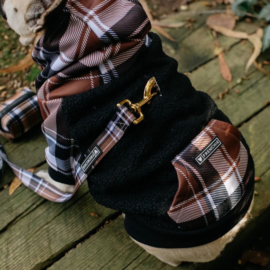 Hoodie Anjing Frenchie Cocoa Plaid Zip-Up untuk Frenchies dan Ras Kecil