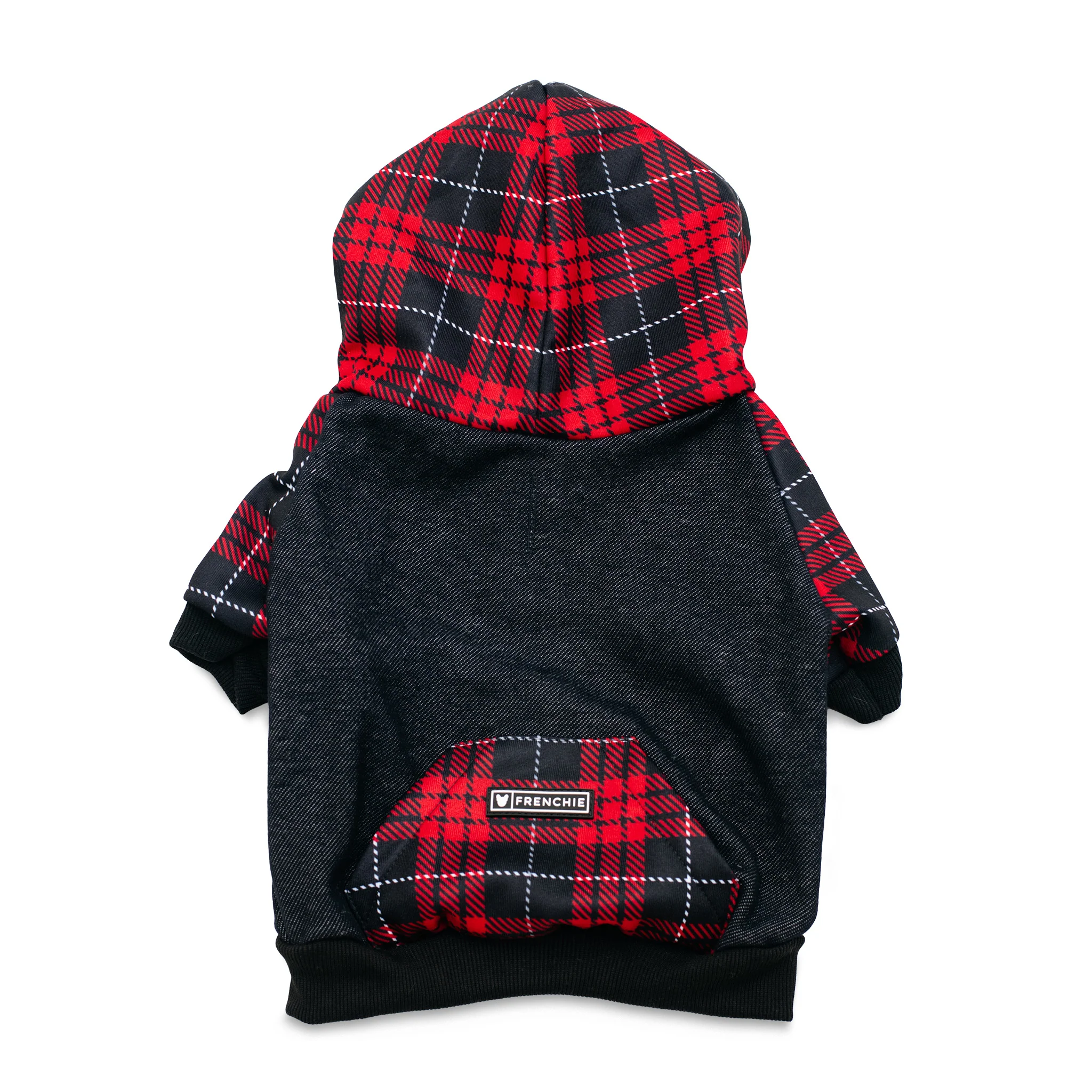 Frenchie hundehættetrøje Red Tartan lynlås med seleåbning