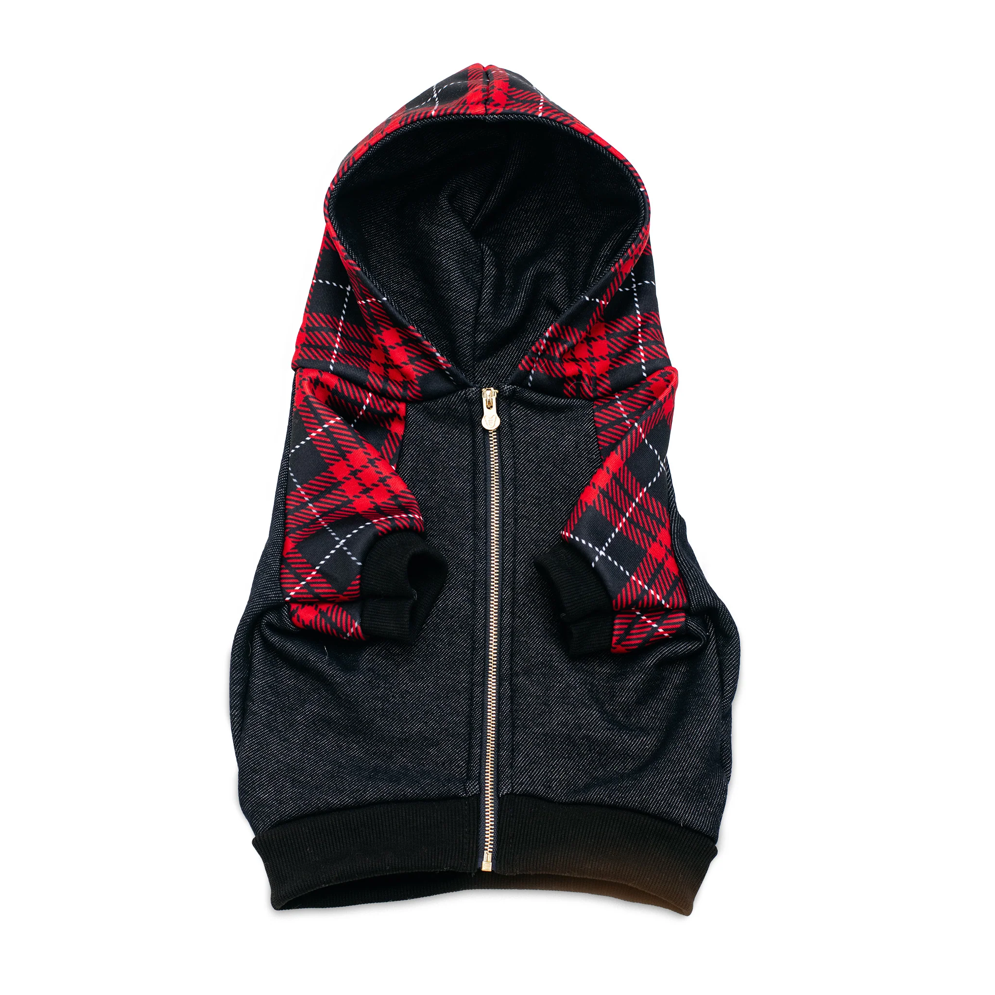 Frenchie hundehættetrøje Red Tartan lynlås med seleåbning
