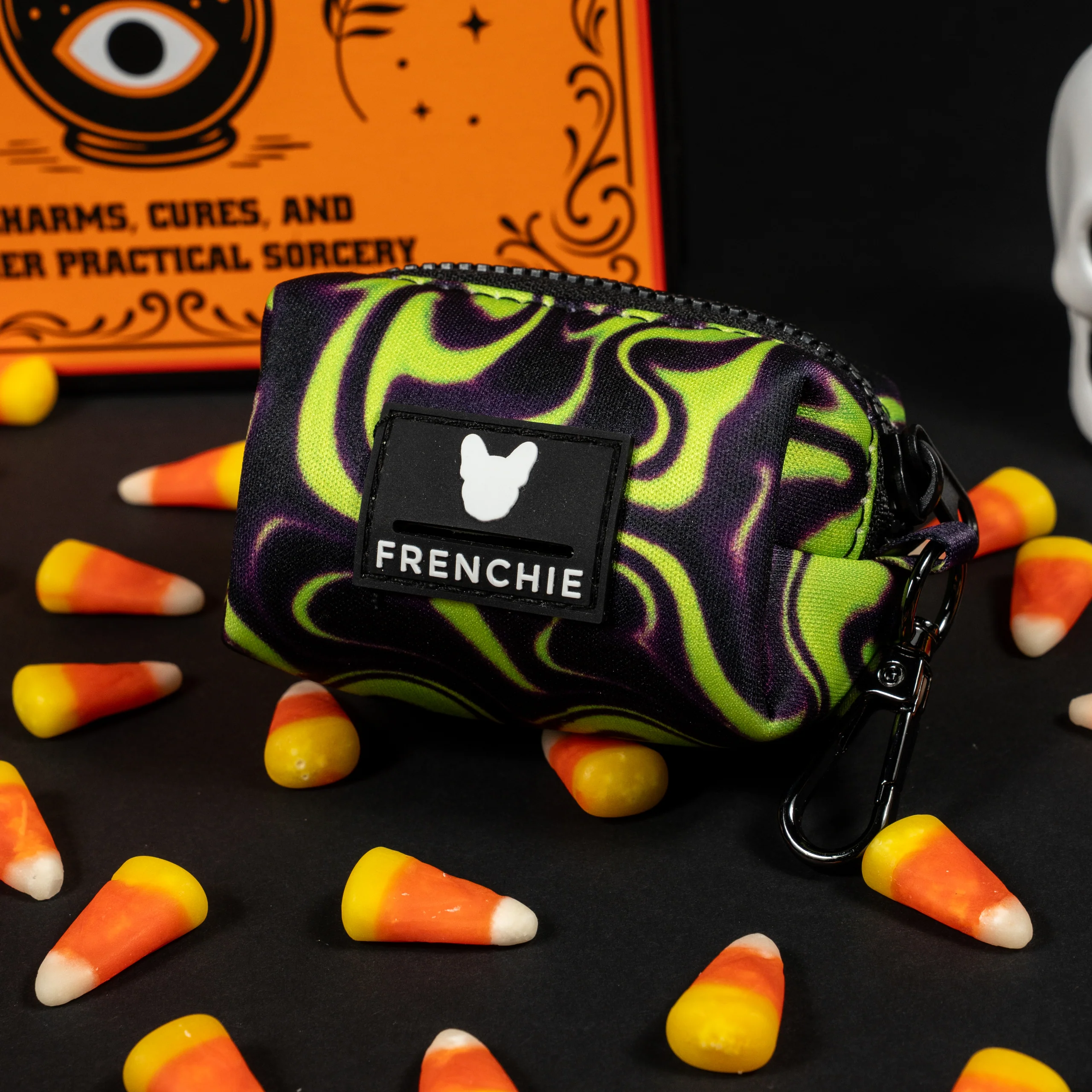 Frenchie Poo Bag Holder in Halloween Masks Print