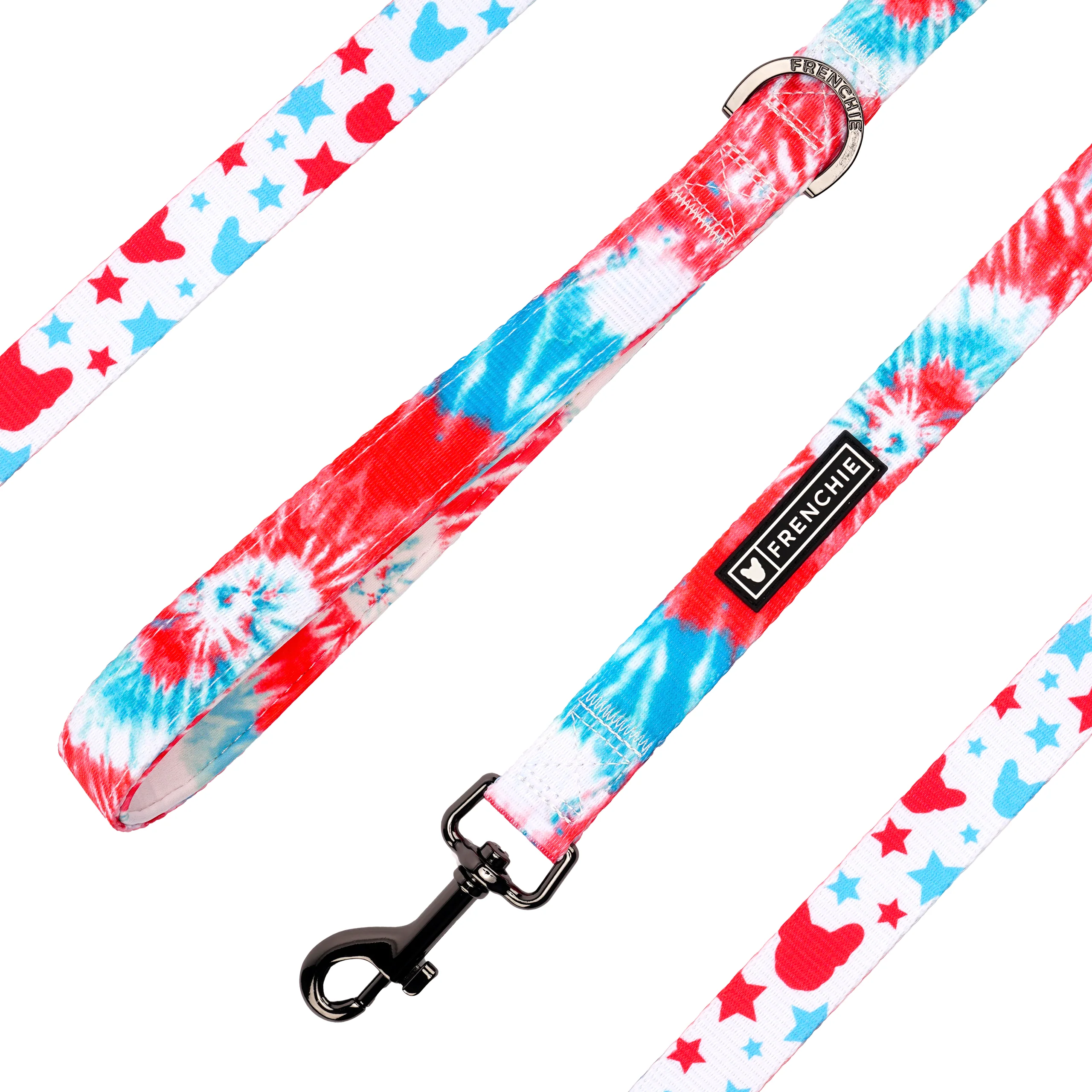 Frenchie Comfort Leash Red White and Blue Tie Dye with Neoprene Handle
