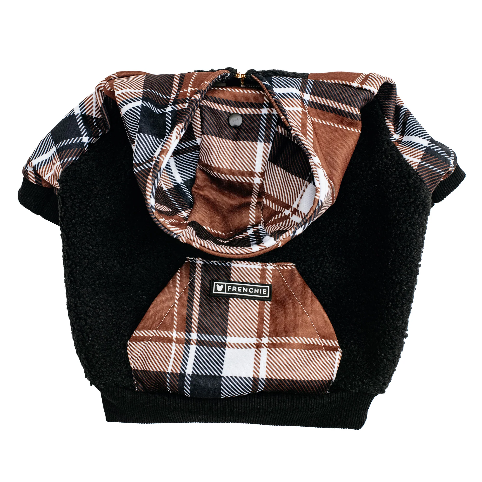 Hoodie Anjing Frenchie Cocoa Plaid Zip-Up untuk Frenchies dan Ras Kecil